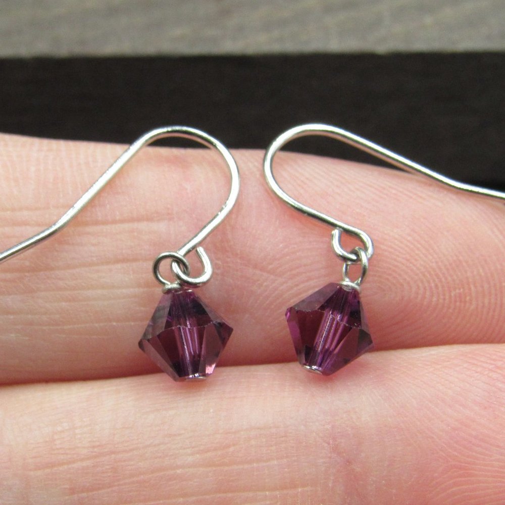 Sterling Tiny Simple Purple Crystal Earrings - image 1